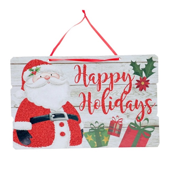 NWT Gleaming Red Glittered Santa Happy Holidays Planked Wood Decoration Sign - Picture 8 of 17